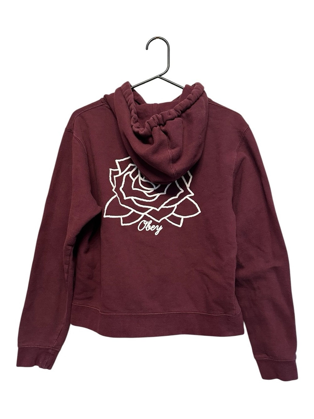 2010’s Obey Women’s Burgundy Hoodie with White Rose Graphic Size Medium